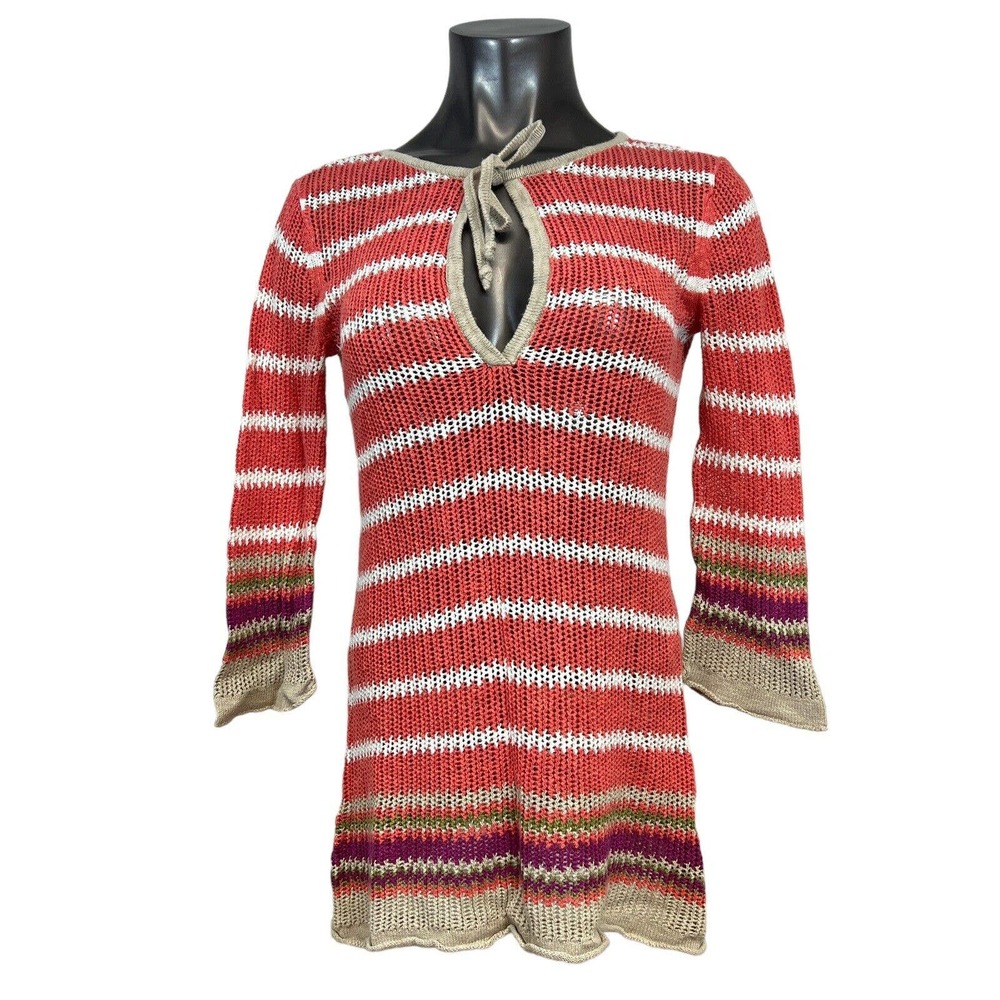 Tommy Bahama Womens Shirt Open Knit Sweater Pink White Stripe Tie Linen Cotton S